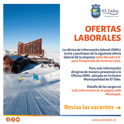 OMIL de El Tabo informa las ofertas Laborales  Vacantes Temporada Valle Nevado 2023
