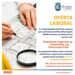La Dirección de Obras Municipales (DOM) requiere contratar para su dirección, Arquitecto, Ingeniero Constructor y/o Constructor Civil.